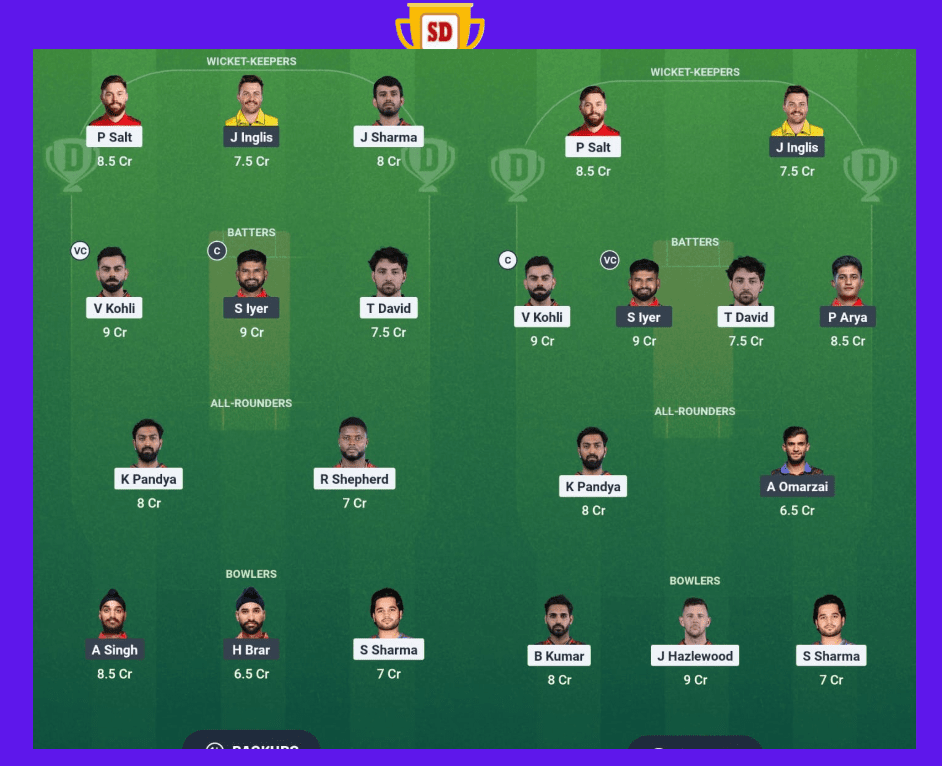 RCB vs PBKS Dream 11