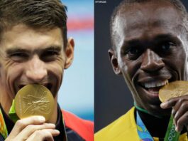 Bolt and Phelps celebrating