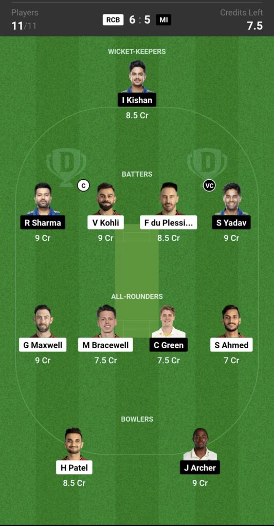 RCB vs MI Dream11 Prediction 