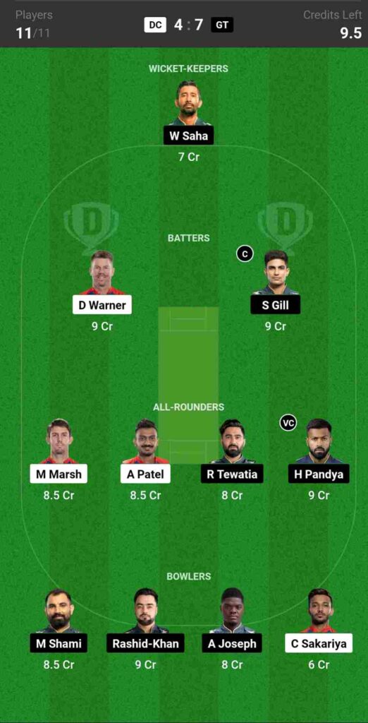 DC vs GT Dream11 Team Today 