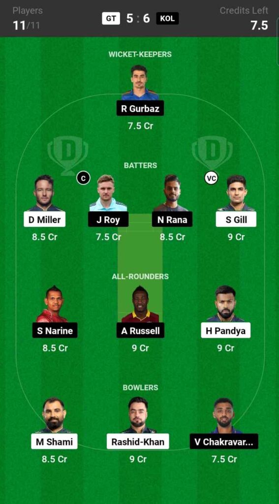 GT vs KKR Dream11 Prediction