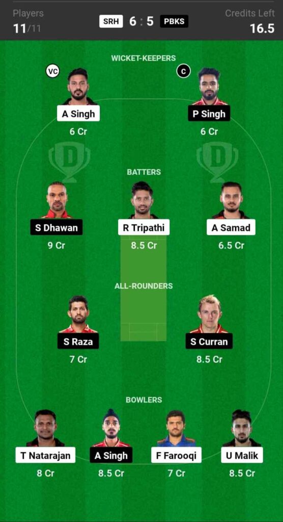 SRH vs PBKS Dream11 Prediction