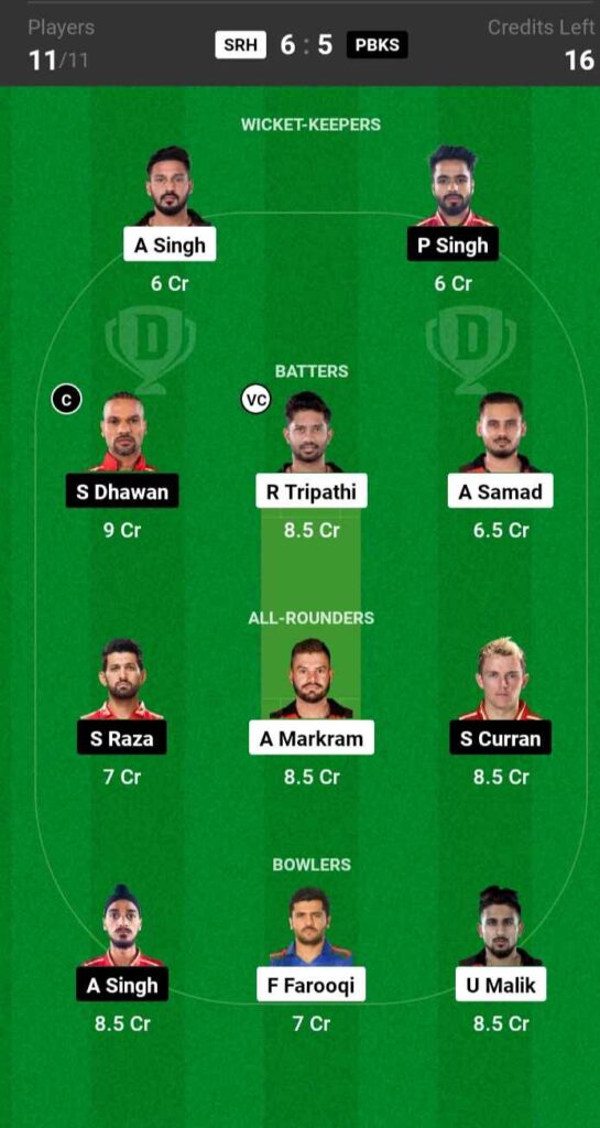 SRH vs PBKS Dream11 Prediction