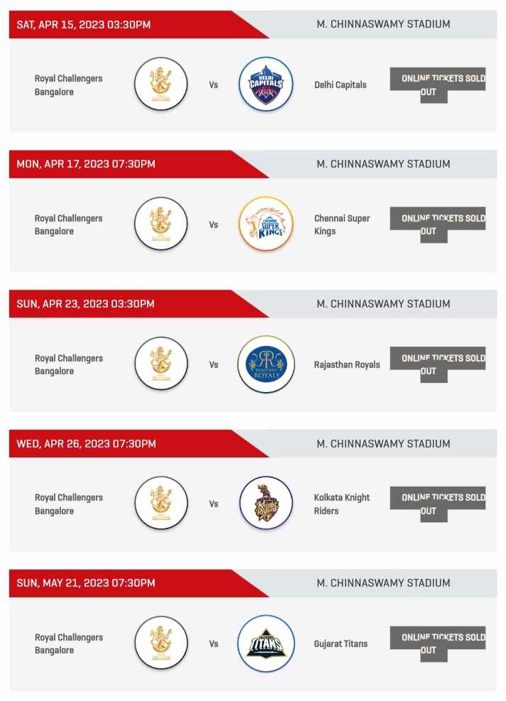 RCB's All Home Ground IPL Matches