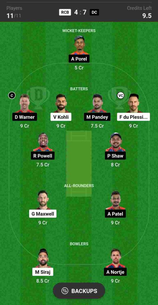 RCB vs DC Dream 11 Prediction