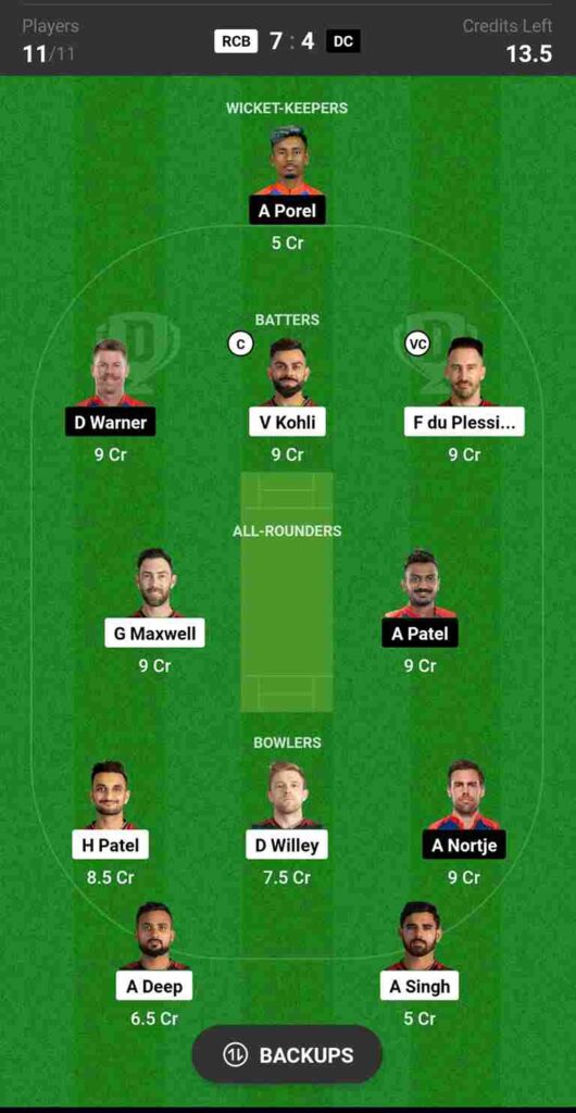 RCB vs DC Dream 11 Prediction