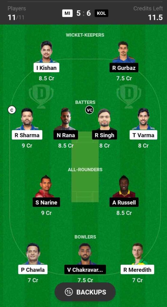 MI vs KKR Dream11 Prediction