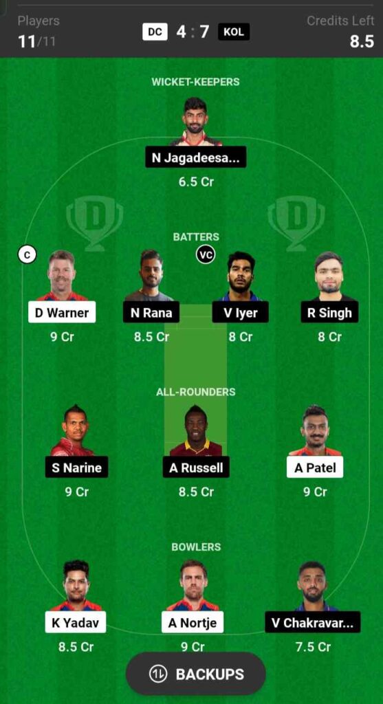 DC vs KKR Dream11 Prediction