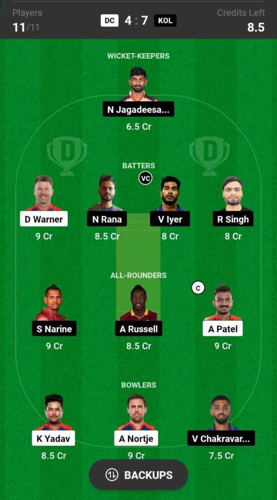 DC vs KKR Dream11 Prediction