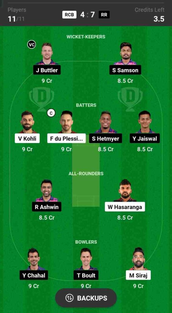 RCB vs RR Dream11 Prediction