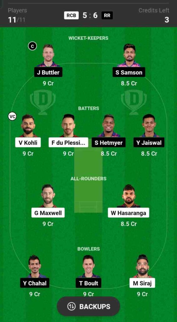 RCB vs RR Dream11 Prediction