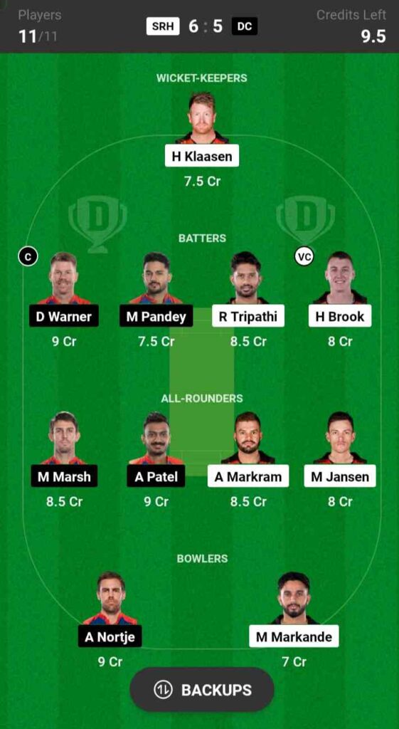 SRH vs DC Dream11 Prediction