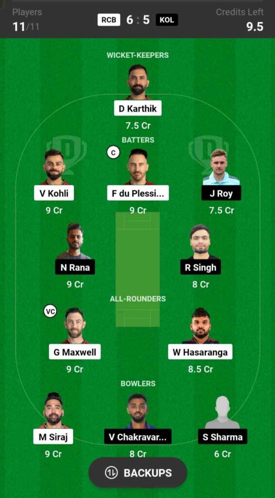 RCB vs KKR Dream11 Prediction