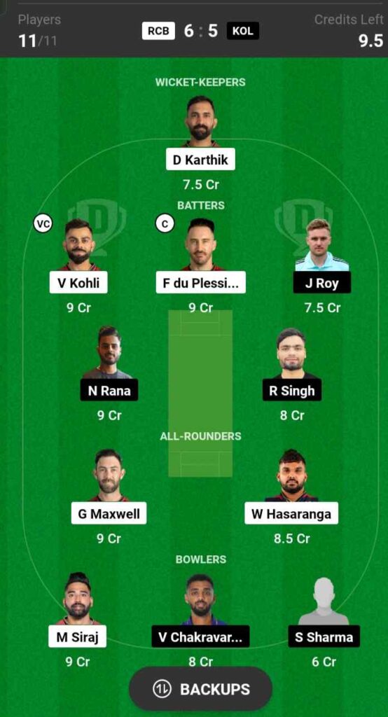 RCB vs KKR Dream11 Prediction