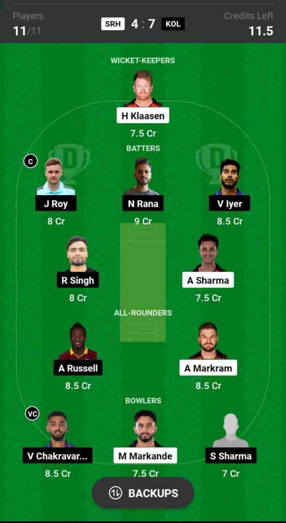 SRH vs KKR Dream11 Prediction