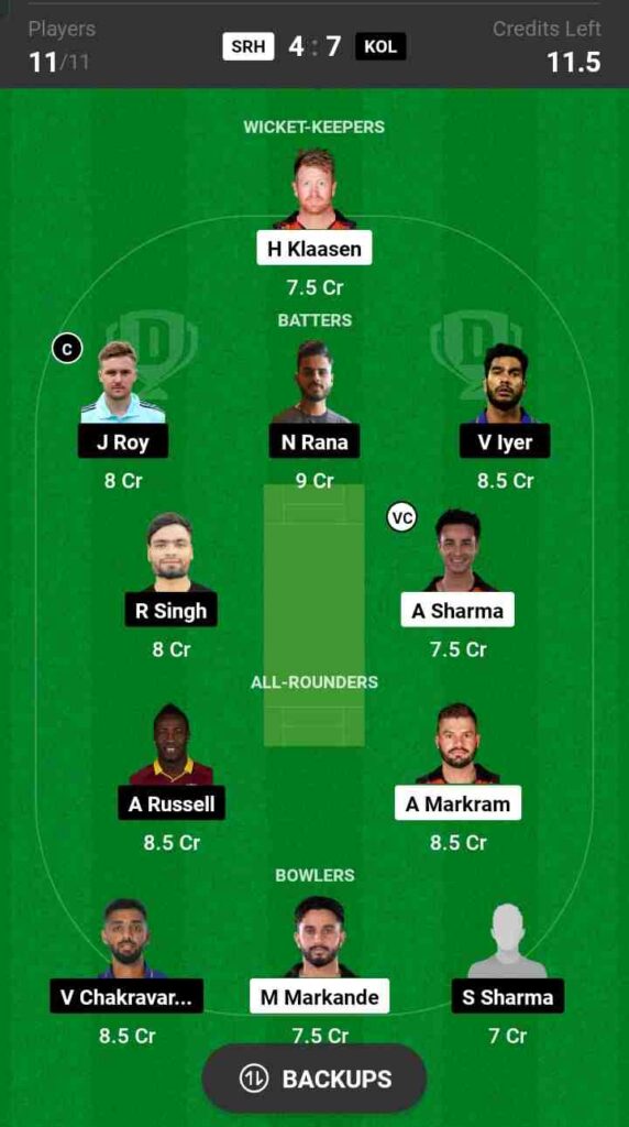 SRH vs KKR Dream11 Prediction