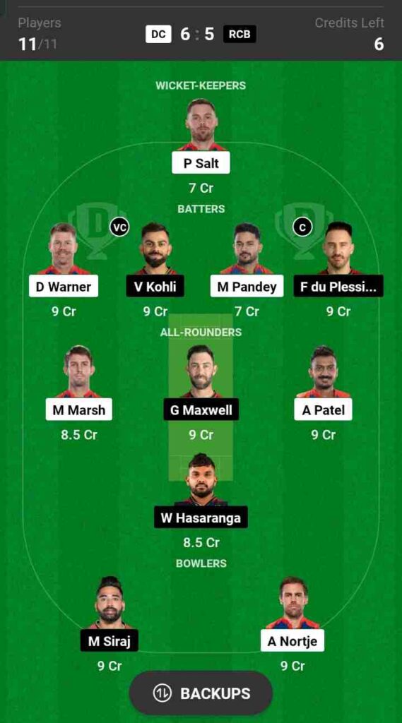 DC vs RCB Dream11 Prediction