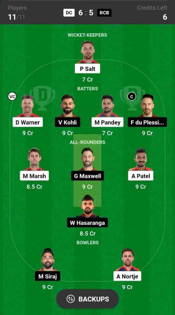 DC vs RCB Dream11 Prediction