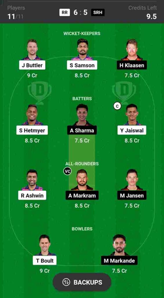 RR vs SRH Dream11 Prediction