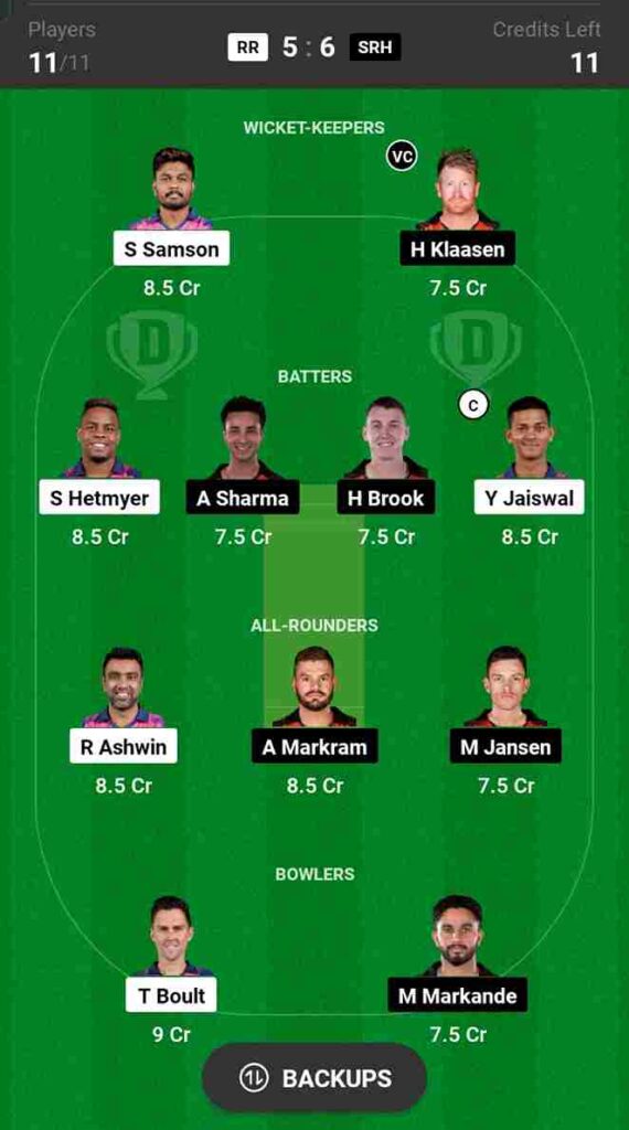 RR vs SRH Dream11 Prediction