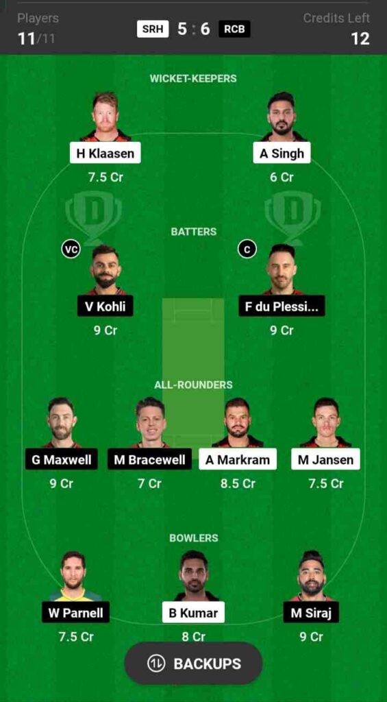 SRH vs RCB Dream11 Prediction, Best Team