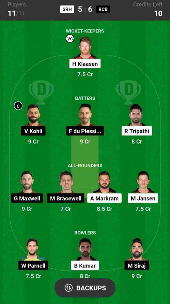 SRH vs RCB Dream11 Prediction, Best Team