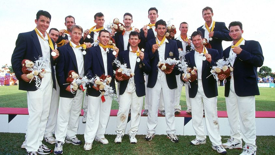 Australia players celebrate silver medal at Commonwealth Games in 1998